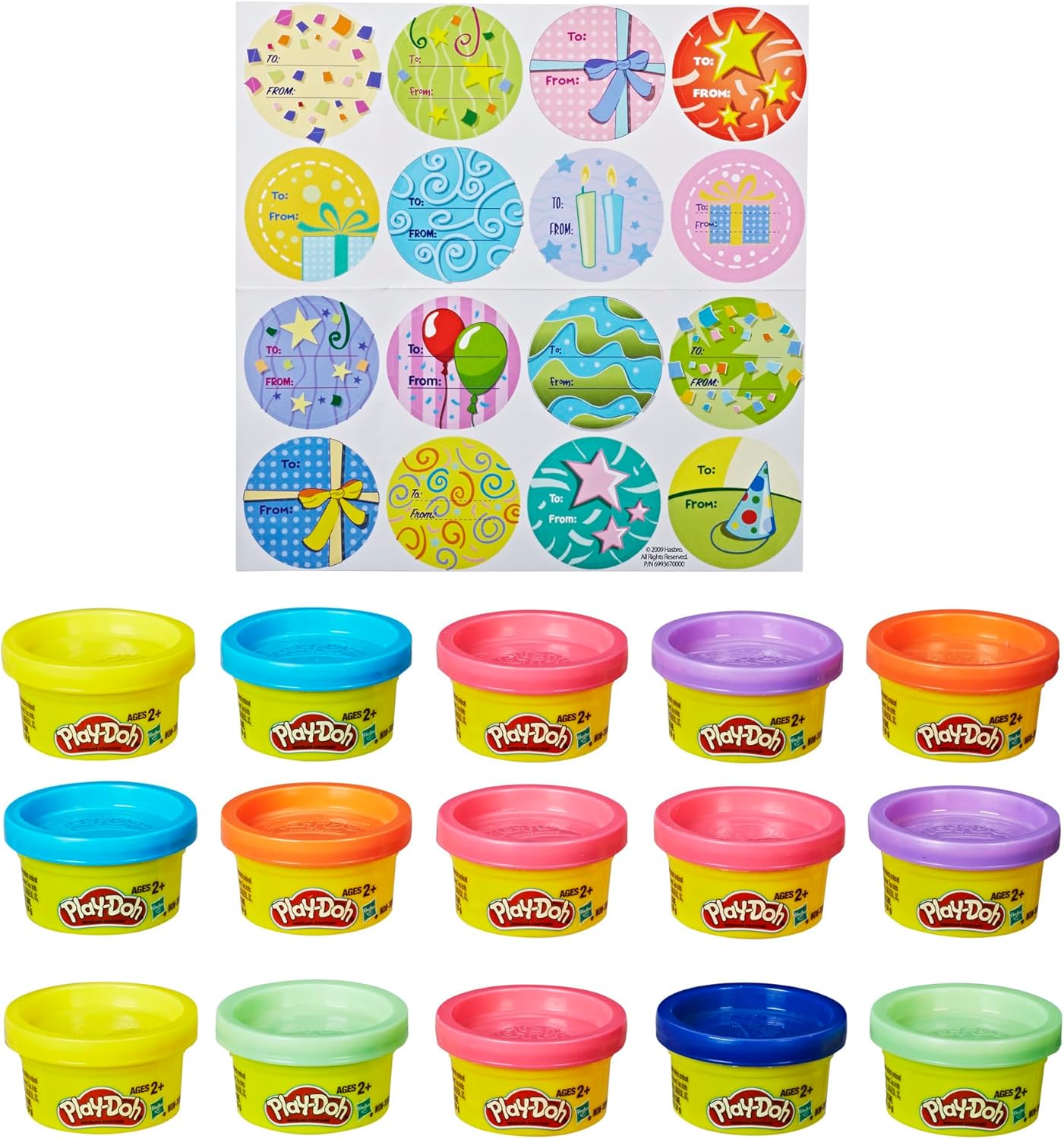 Colorful Play-Doh Party Bag with 15 mini cans of Hasbro Play-Doh toys for kids' party favors and creative fun.