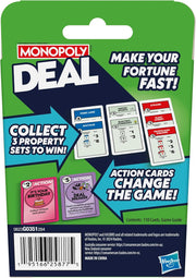Hasbro Monopoly Deal card game featuring colorful playing cards and game box on a white background.