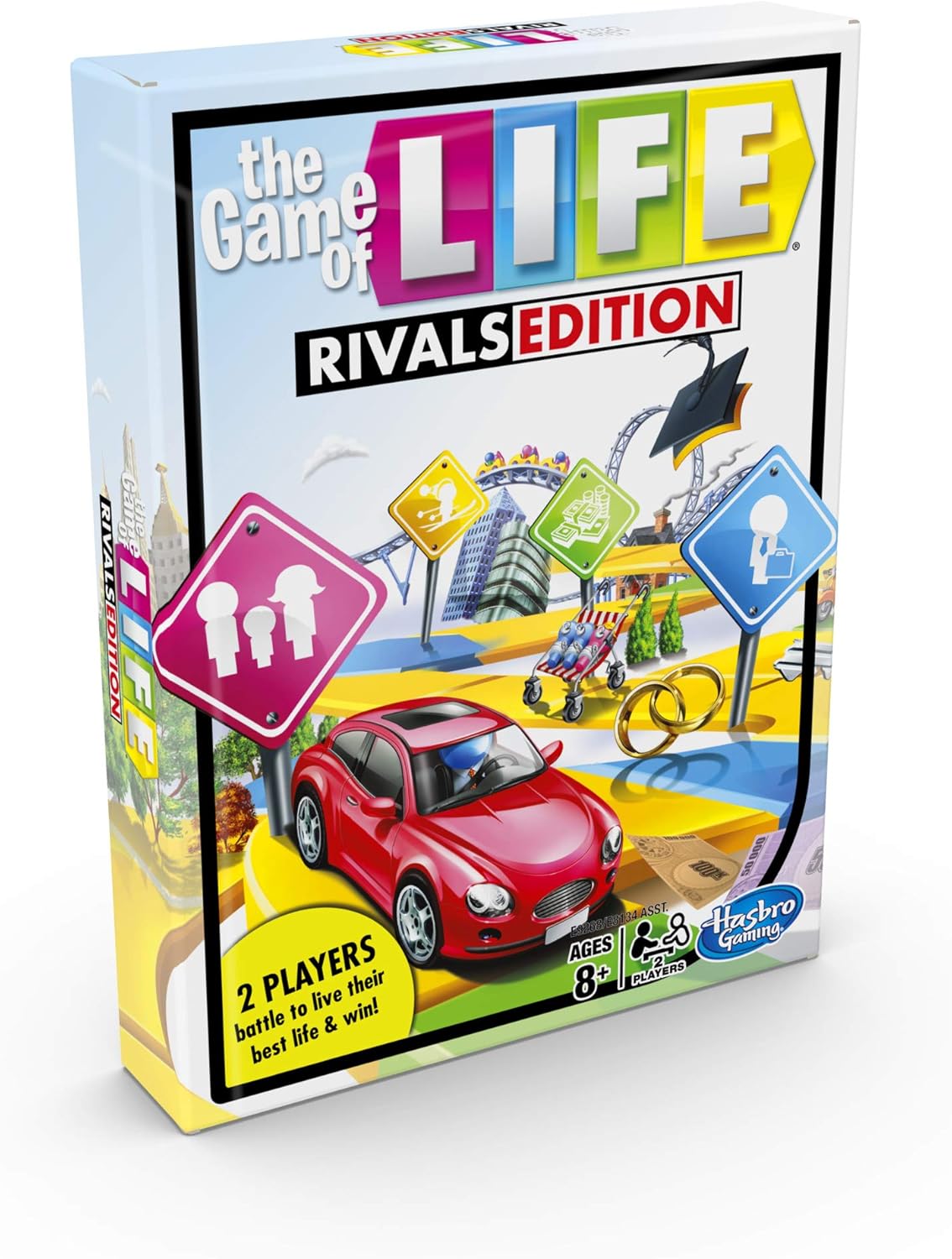 Hasbro The Game of Life Rivals Edition toy game with colorful game board and game pieces for two players.