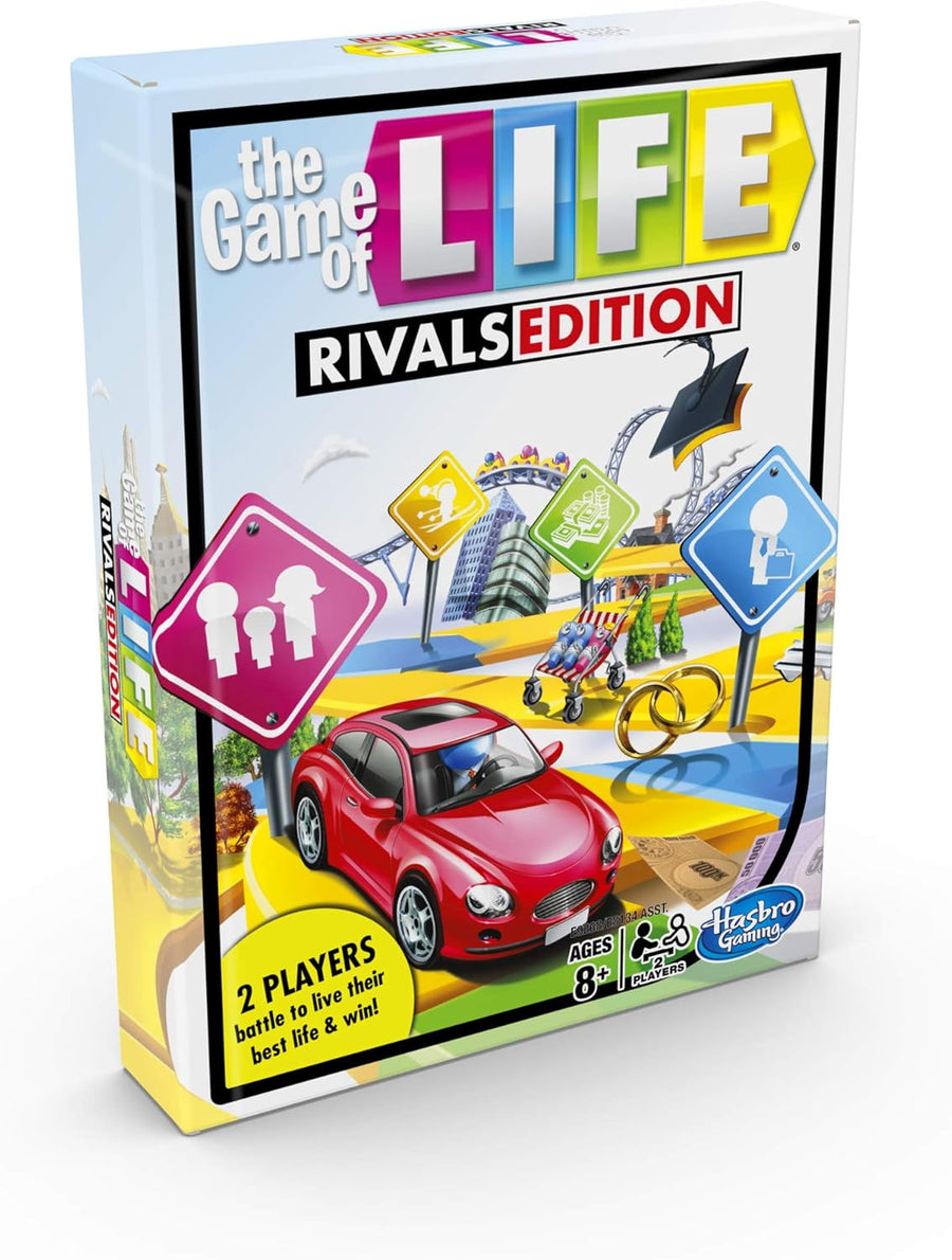 Hasbro The Game of Life Rivals Edition toy game with colorful game board and game pieces for two players.