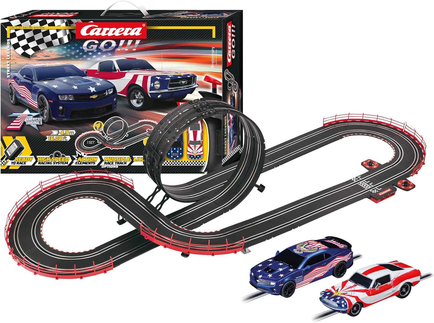 Carrera Street Legends toy set featuring miniature race cars with vibrant colors and detailed designs, ideal for racing enthusiasts.