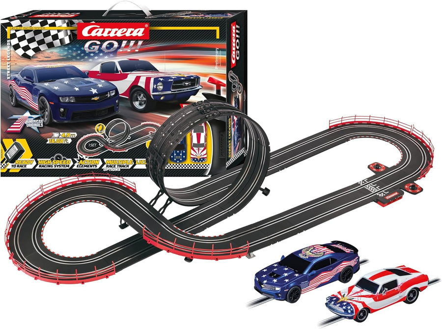 Carrera Street Legends toy set featuring miniature race cars with vibrant colors and detailed designs, ideal for racing enthusiasts.