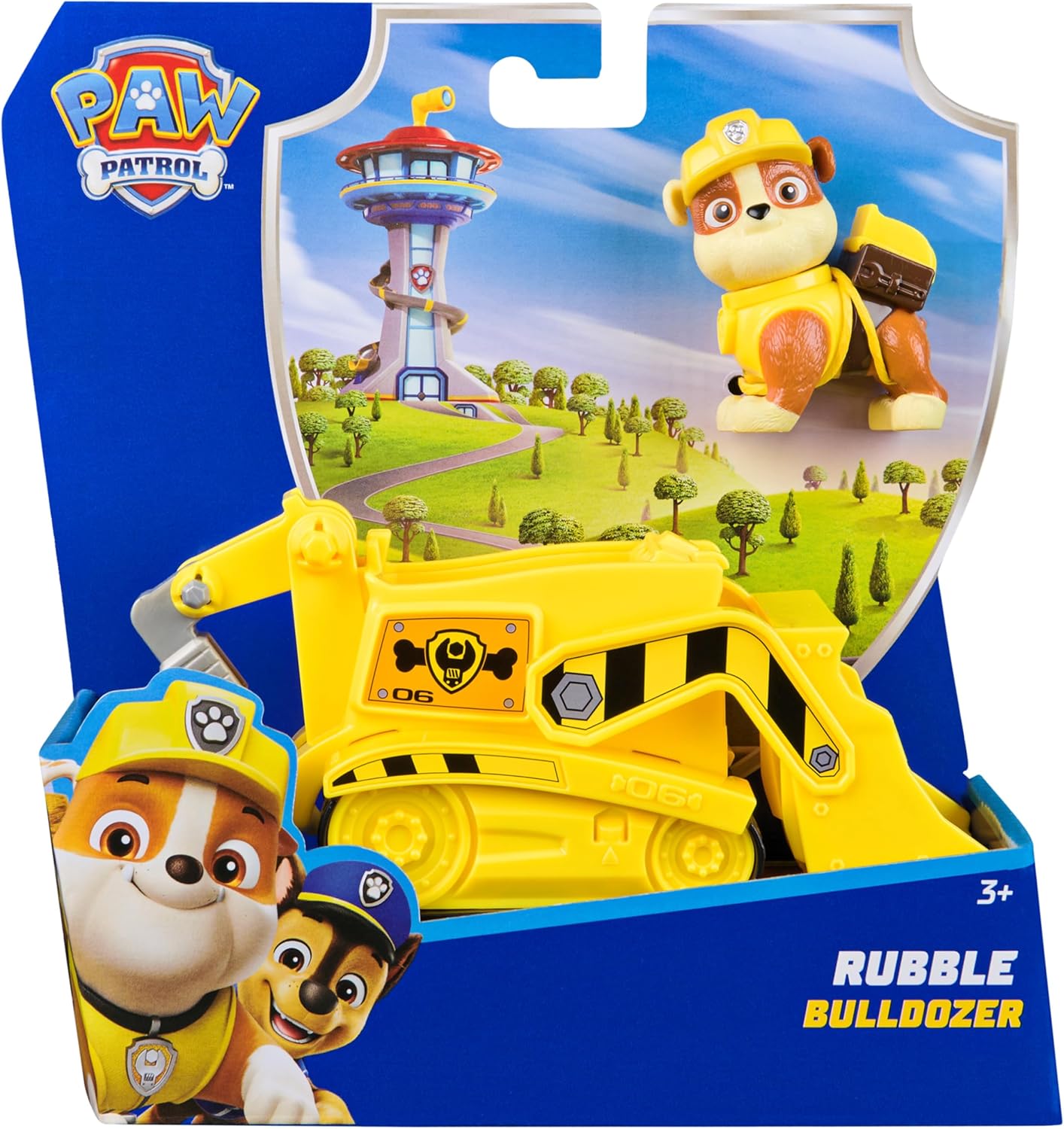 Paw Patrol Rubble Bulldozer toy vehicle with Rubble figure from Spin Master, suitable for kids' imaginative play.