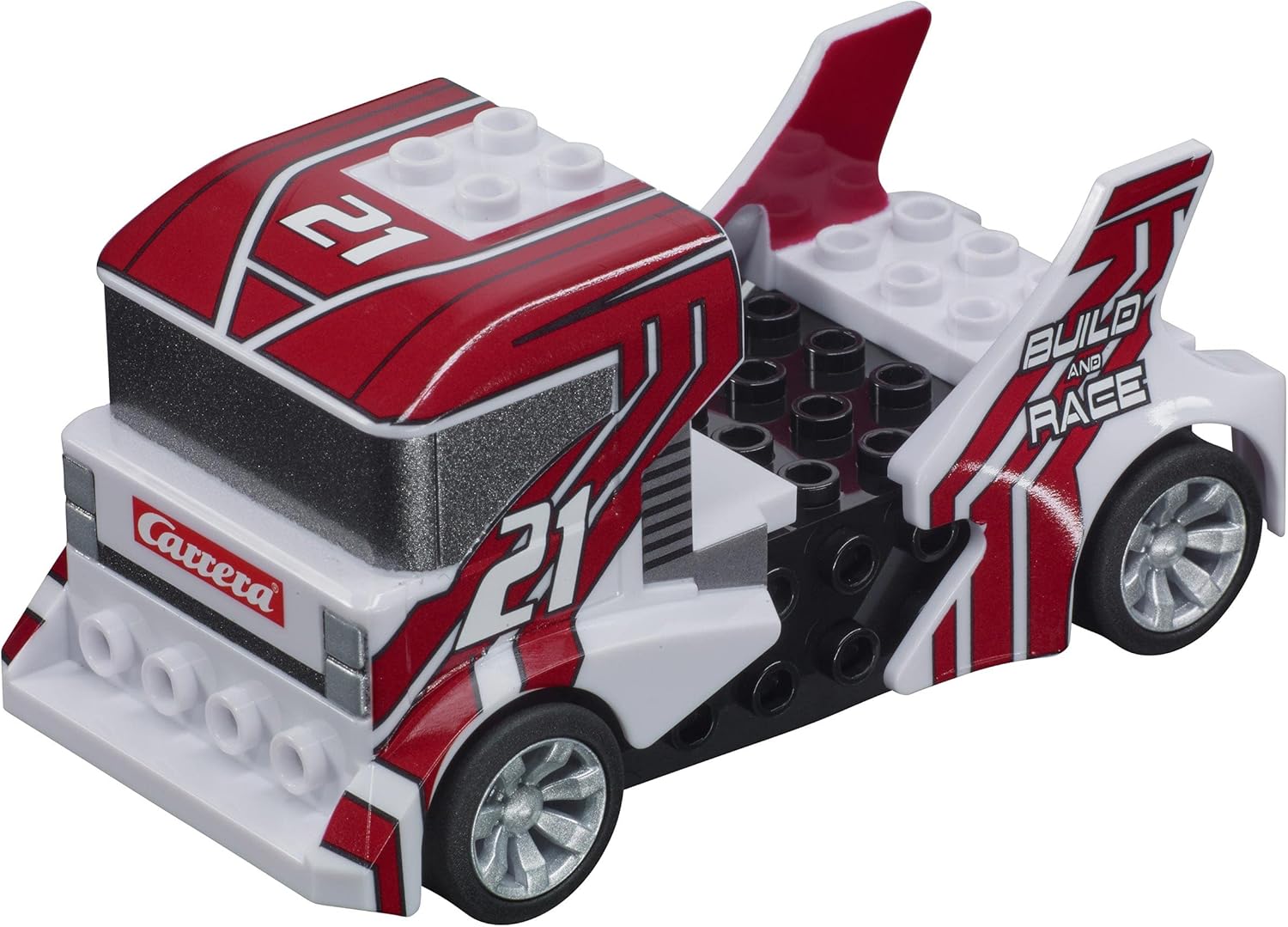Carrera Go multicolored slot car build and race truck toy set with detailed miniature trucks for racing fun.