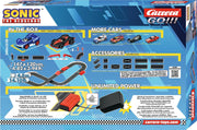 Carrera Sonic the Hedgehog race track set with colorful track pieces and Sonic-themed racing cars on a smooth track surface.