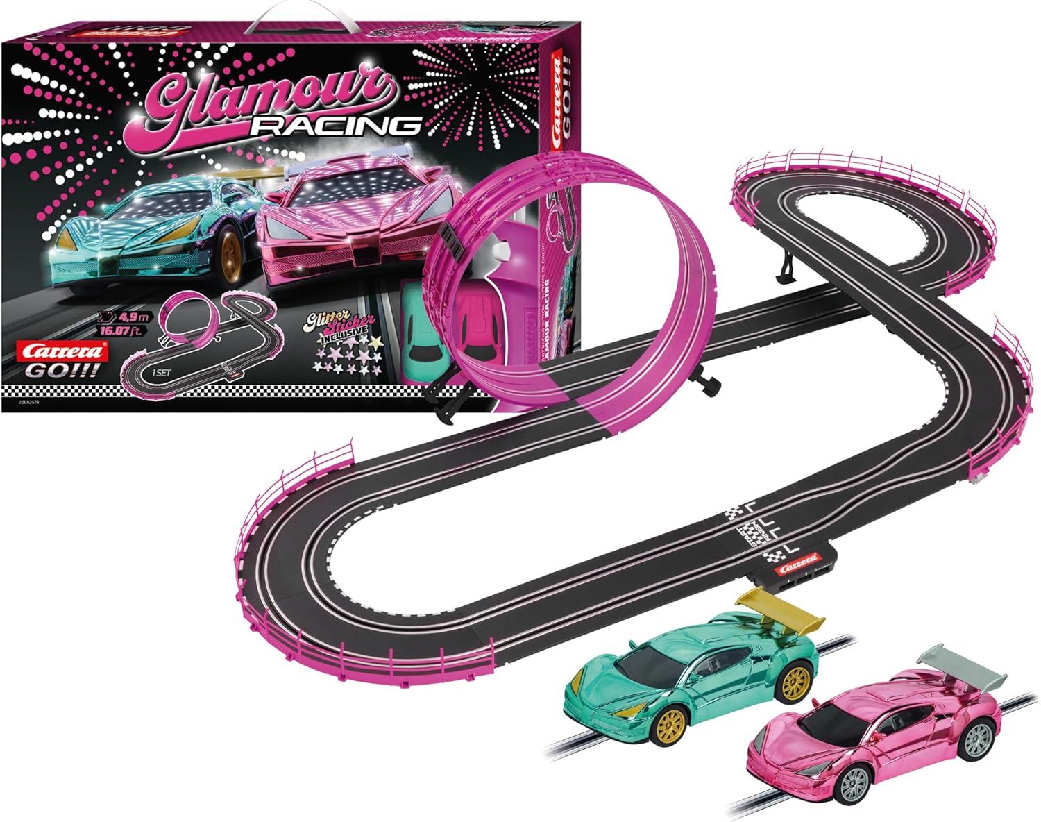 Carrera GO!!! pink action racing toy track set with cars and racing scenery, perfect for kids' race car play.