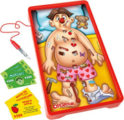 Hasbro Classic Operation game with a wooden game board, metal tools, and colorful patient parts on a white background.