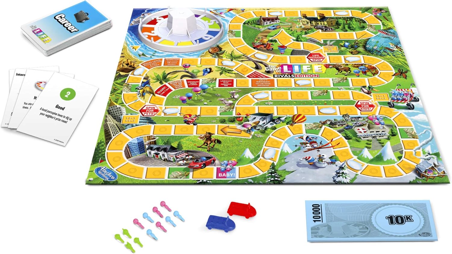 Hasbro The Game of Life Rivals Edition toy game with colorful game board, playing pieces, and cards for two players.