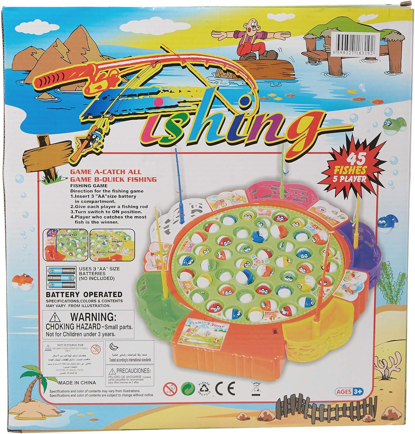 Colorful battery-operated fishing game toy featuring a fishing rod and magnetic fish in vibrant multicolor design.