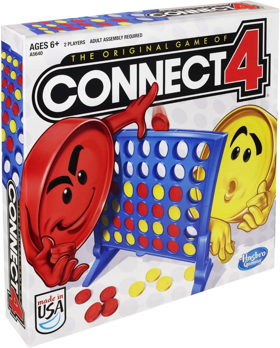 Hasbro Connect 4 game with colorful plastic discs arranged in a vertical grid on a game board.