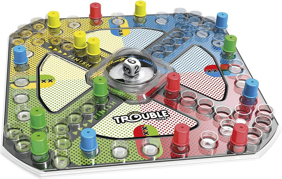Hasbro Trouble board game with colorful playing grid and pop-up pegs for family fun and strategic gameplay.