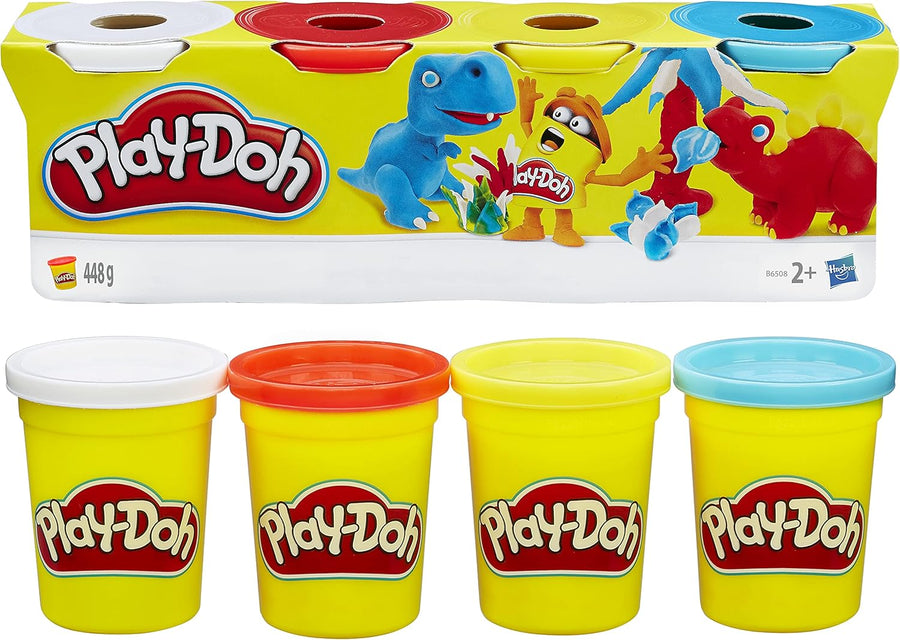 Four colorful Play-Doh tubs from Hasbro's Classic Colors 4 Pack, showing vibrant modeling clay for kids' creative play.
