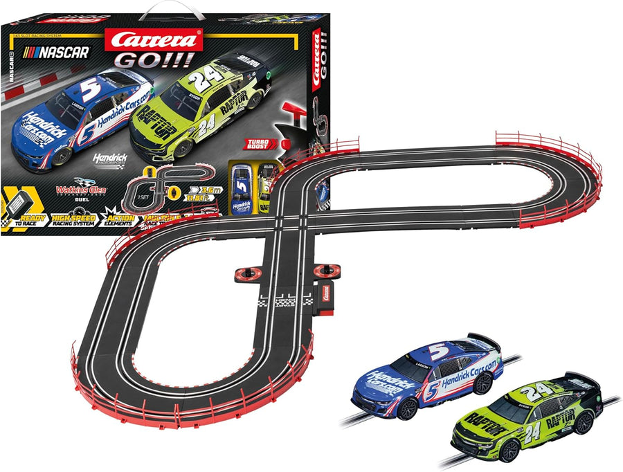 Carrera GO!!! Nascar 3.6 race track set with colorful racing cars and track pieces for indoor racing fun