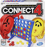 Hasbro Connect 4 board game with colorful plastic discs arranged in a grid for two-player gameplay.