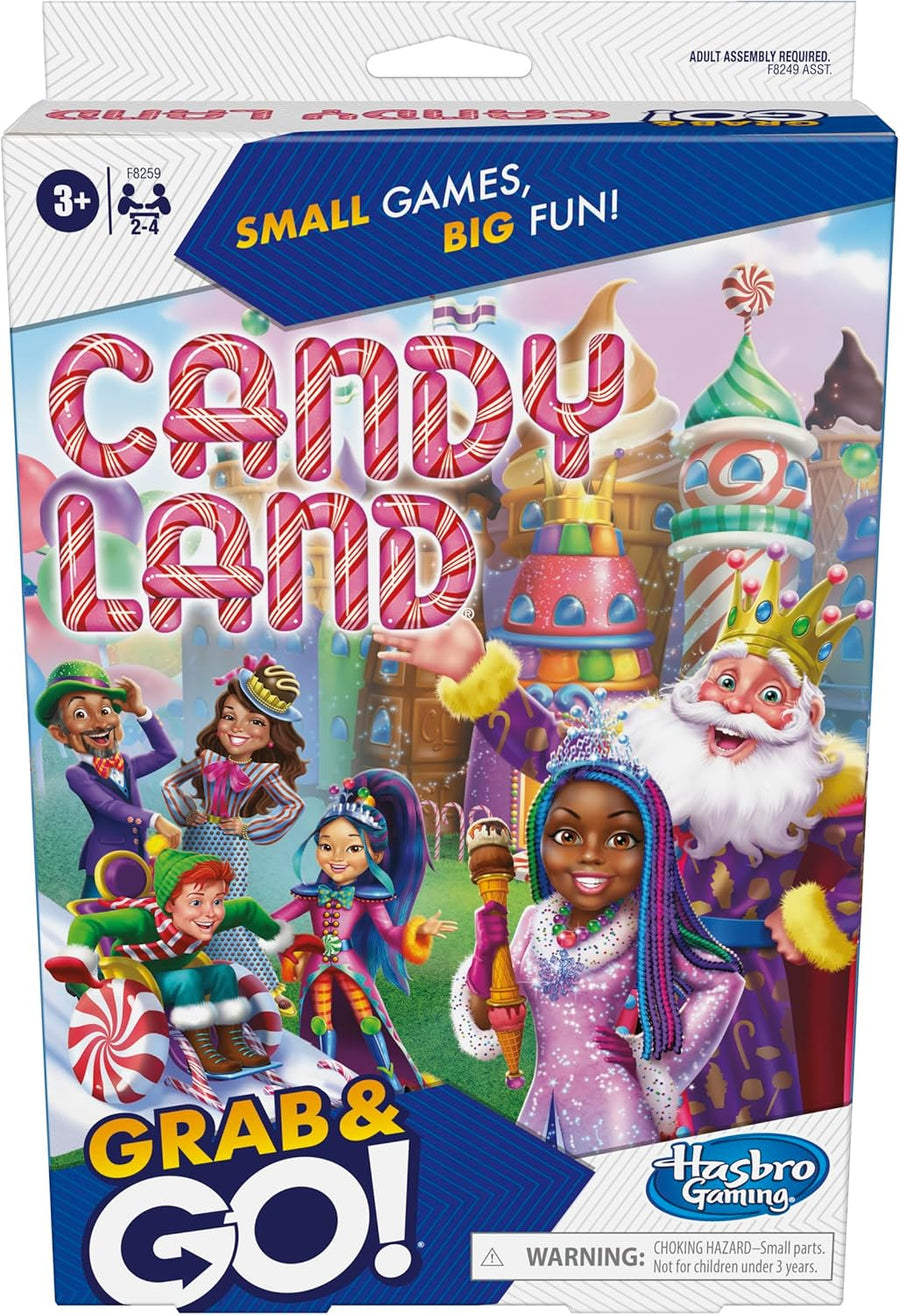 Hasbro Candy Land Grab and Go travel board game with colorful game pieces and game board for kids' fun on the go.