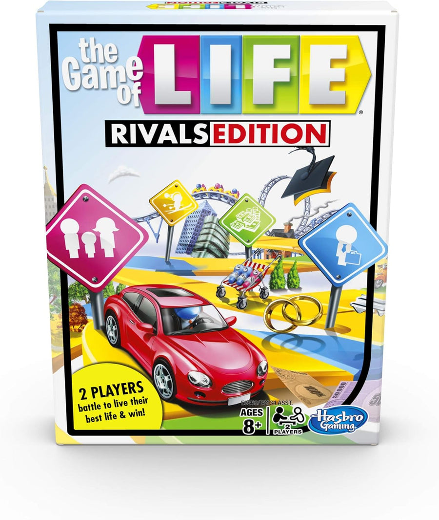 Hasbro The Game of Life Rivals Edition toy game with colorful game board and playing pieces for two players.