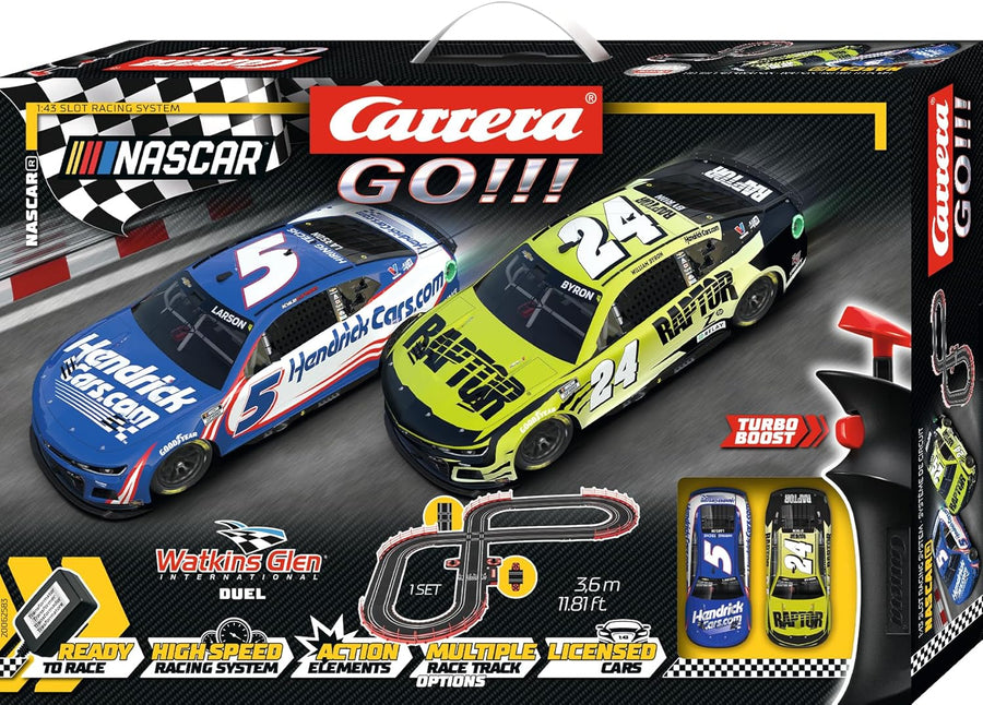 Carrera GO!!! Nascar 3.6 race track set with colorful racing cars and track pieces for kids' toy racing game.