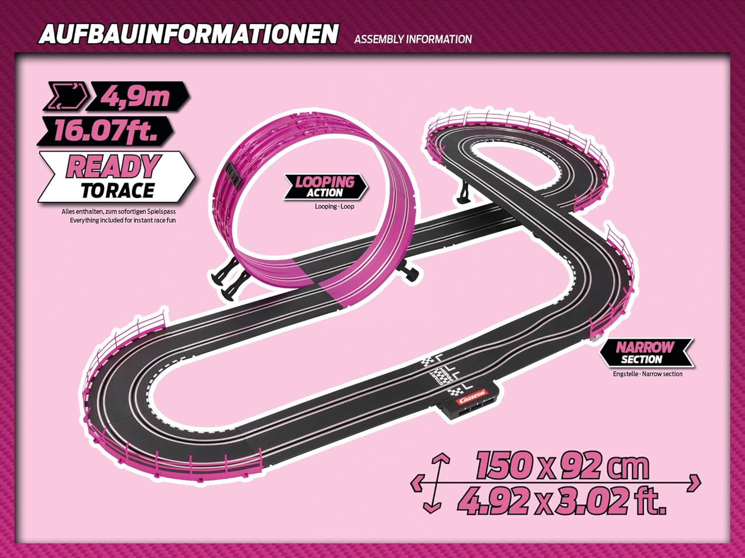 Carrera GO!!! pink action racing race track set with colorful cars and track pieces, perfect for kids' toy racing adventures.