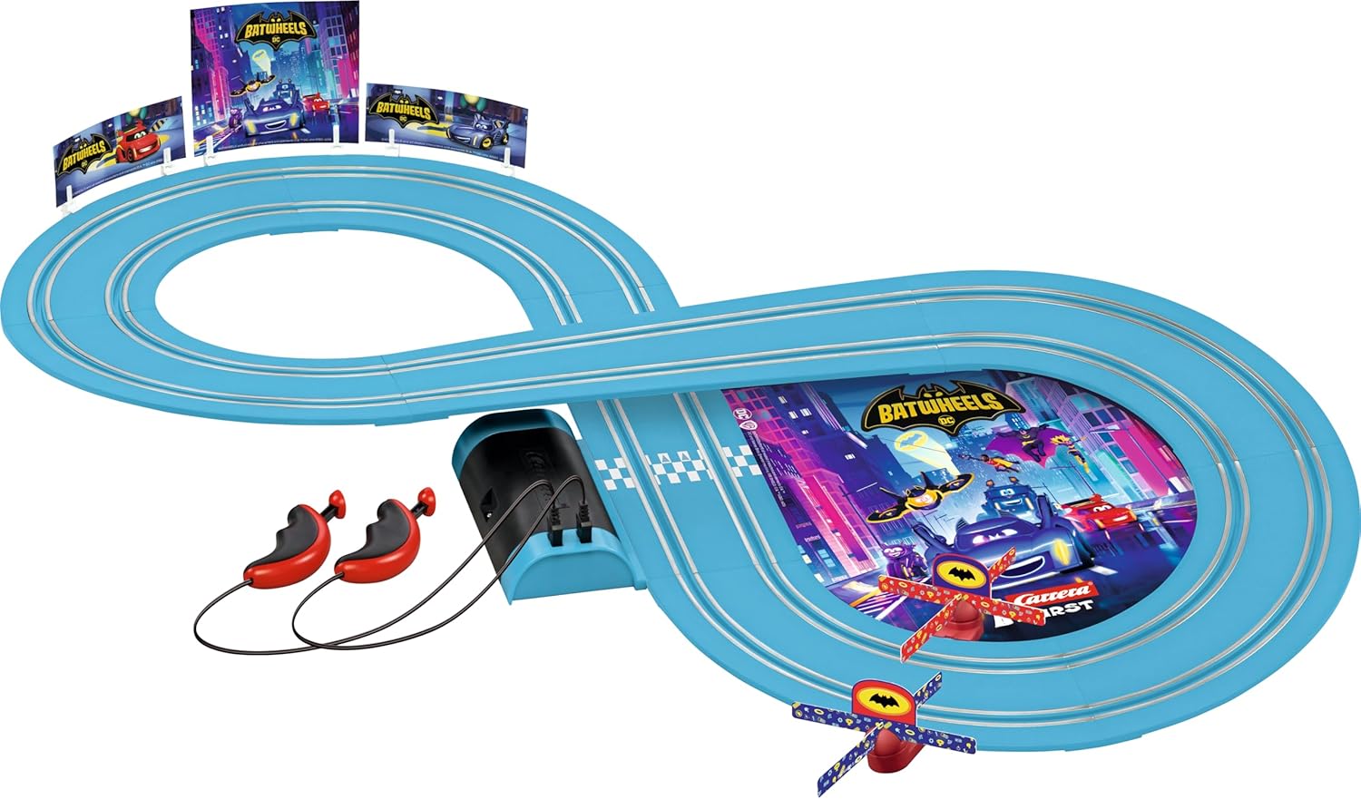 Carrera First DC Bat wheels race track set with colorful toy cars and track pieces for kids' racing fun.