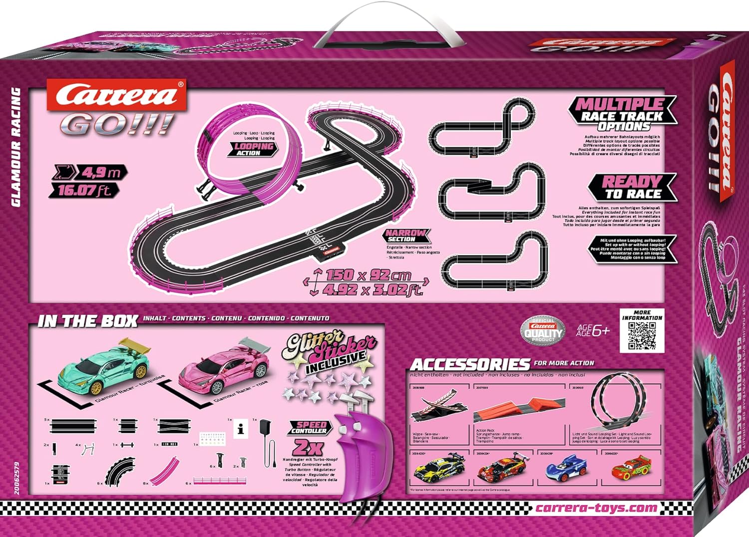 Carrera GO!!! pink action racing race track set with toy cars and track pieces for kids' racing fun.