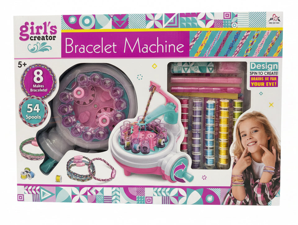 Girls Creator bracelet machine with 54 spools for creating colorful woven bracelets and jewelry crafts.