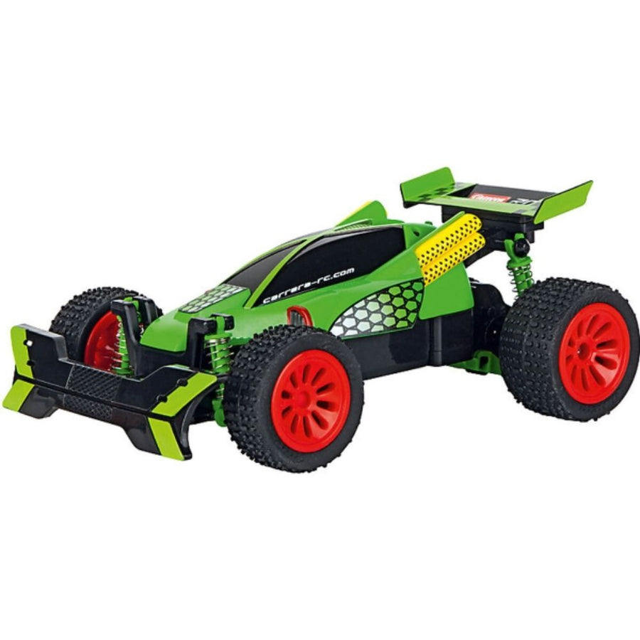 Green Carrera Lizzard II remote control toy car in 1:20 scale, detailed with vibrant green color and realistic design.