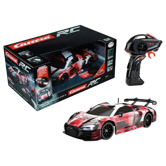 Carrera RC Audi RS LMS GT3 Evo toy car in red with detailed design, remote control, and sleek racing features.