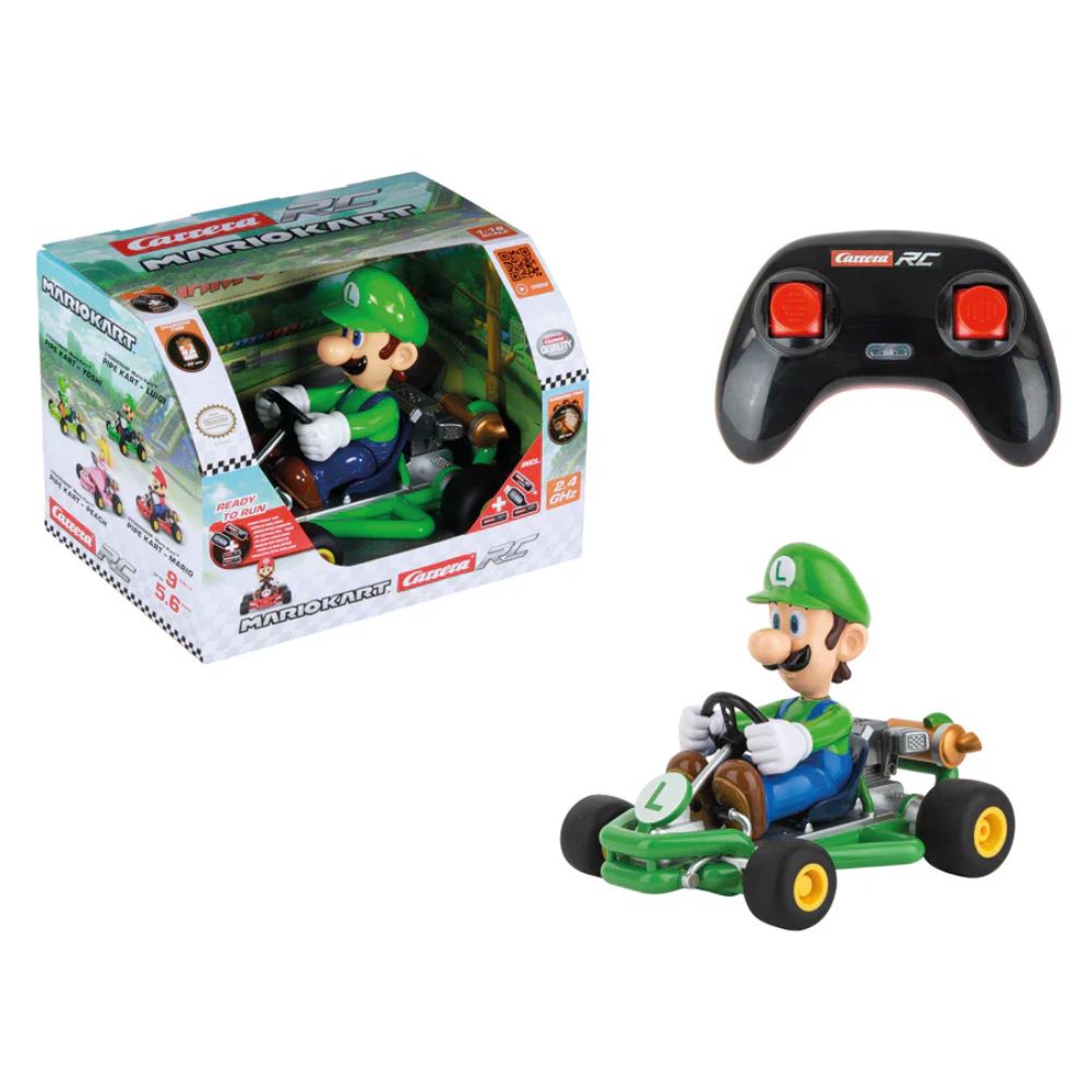 Carrera RC Mario Kart Pipe Kart Luigi toy with remote control, featuring Luigi character from Mario Kart series.
