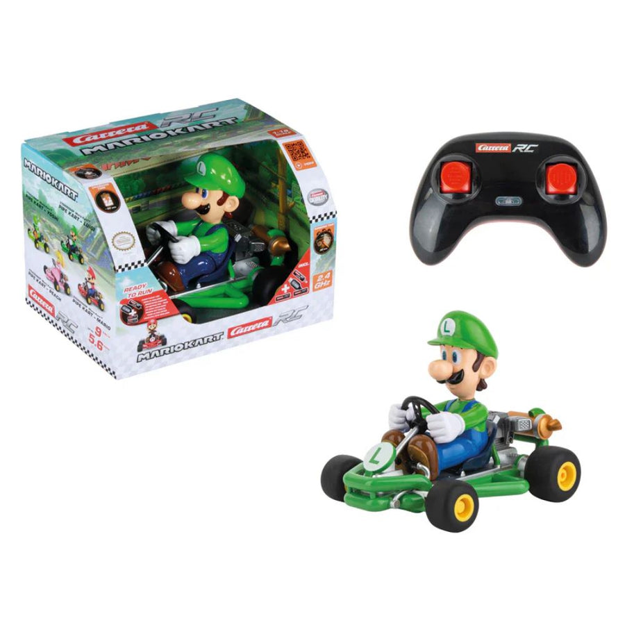 Carrera RC Mario Kart Pipe Kart Luigi toy with remote control, featuring Luigi character from Mario Kart series.