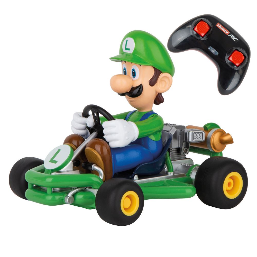Carrera RC Mario Kart Pipe Kart Luigi toy race car on track, featuring Luigi character and colorful racing design.