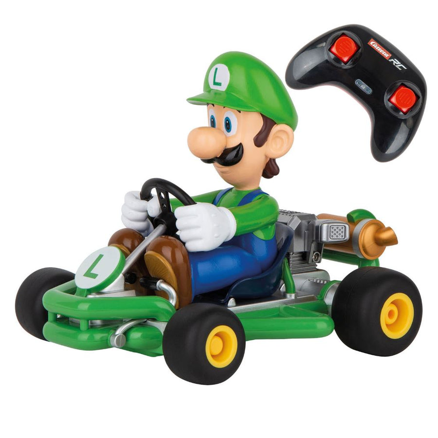 Carrera RC Mario Kart Pipe Kart Luigi toy race car on track, featuring Luigi character and colorful racing design.