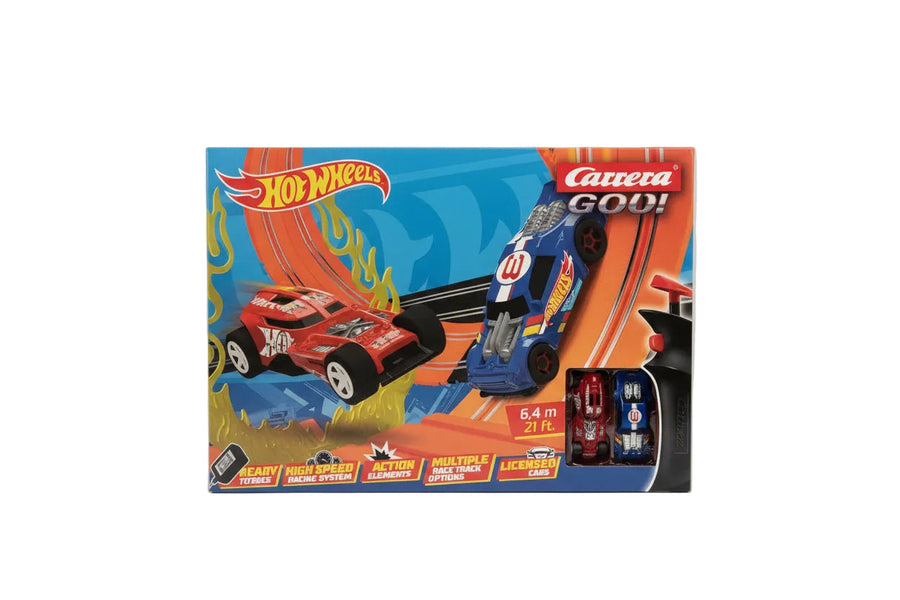 Carrera GO!!! Hot Wheels 6.4 Race Track Set with colorful track pieces and racing cars on a smooth racing surface.