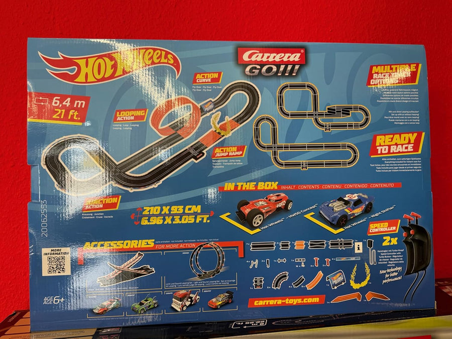 Carrera Hot Wheels™ 6.4 Race Track Set featuring colorful tracks, racing cars, and track accessories for high-speed play.