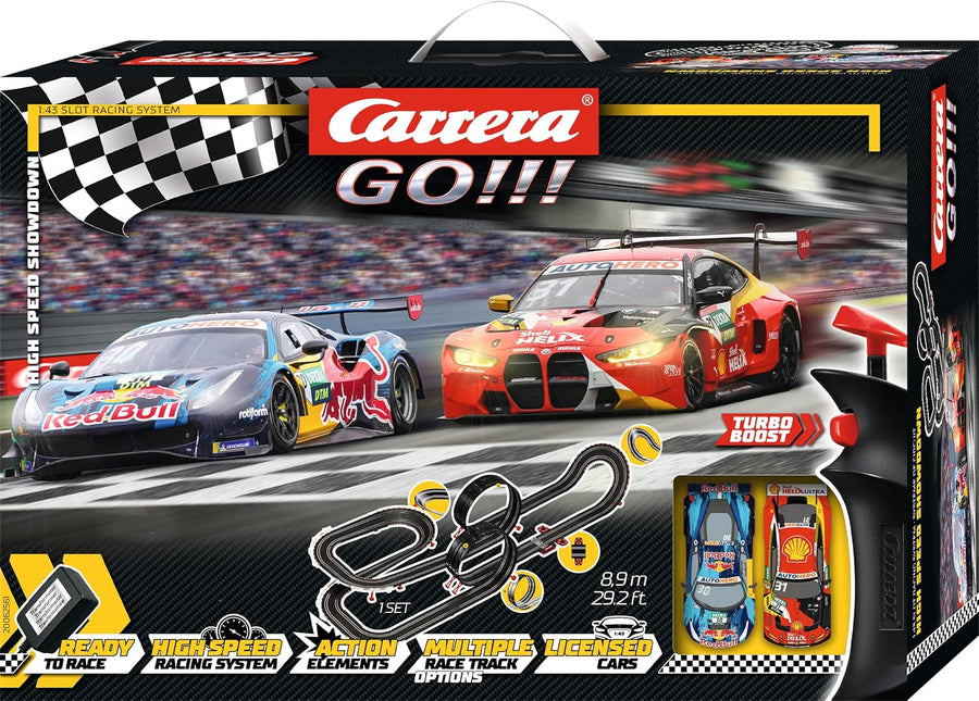 Carrera high-speed digital race track toy with colorful racing cars on a detailed track setup.