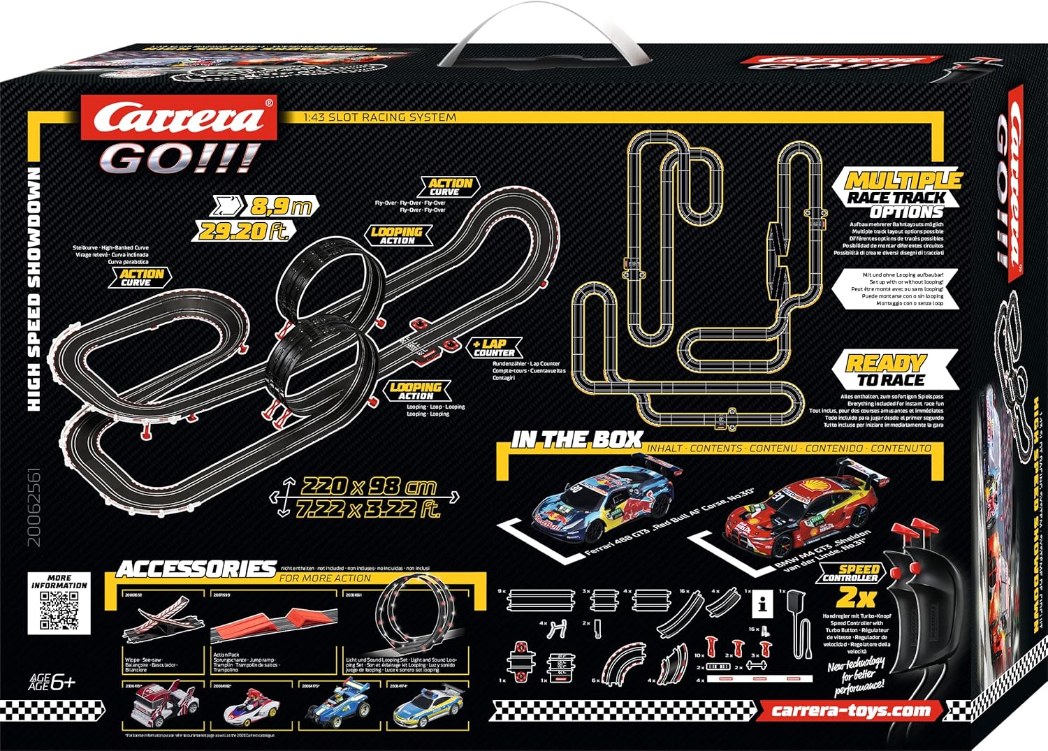 Carrera high-speed digital race track toy with multiple lanes and racing cars, designed for children and racing enthusiasts.