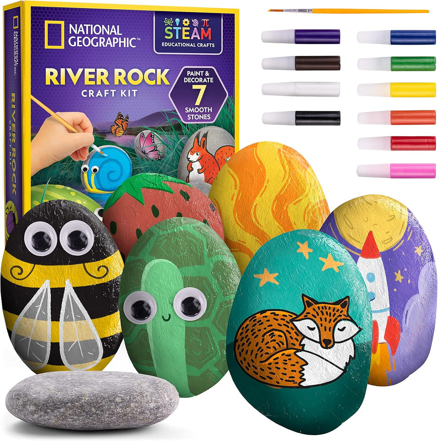Small National Geographic River Rock Craft Kit by Playzokids featuring colorful rocks and crafting supplies for kids.