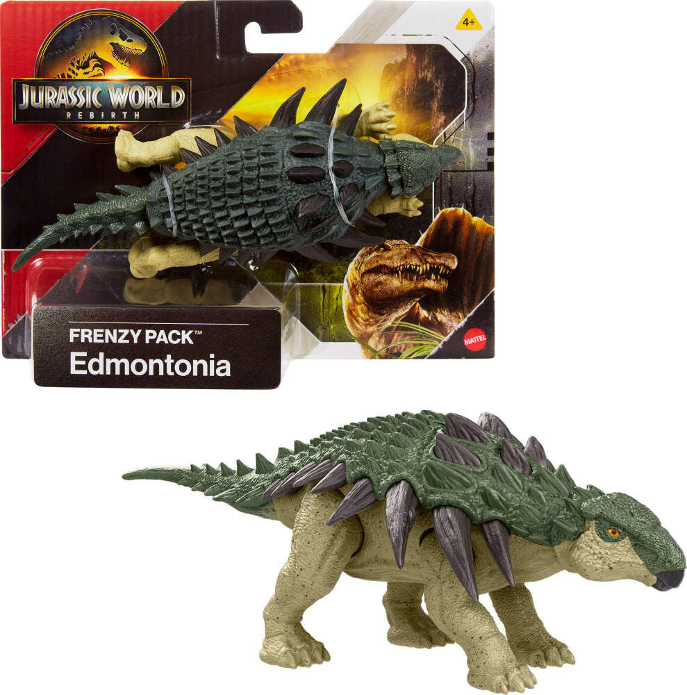 Jurassic World Rebirth Frenzy Pack Edmontonia, collectible dinosaur figure set with detailed features and vibrant colors.