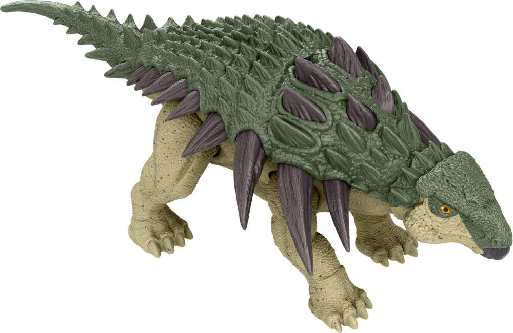 Jurassic World Rebirth Frenzy Pack Edmontonia dinosaur toy with detailed green and brown scales and ferocious expression.