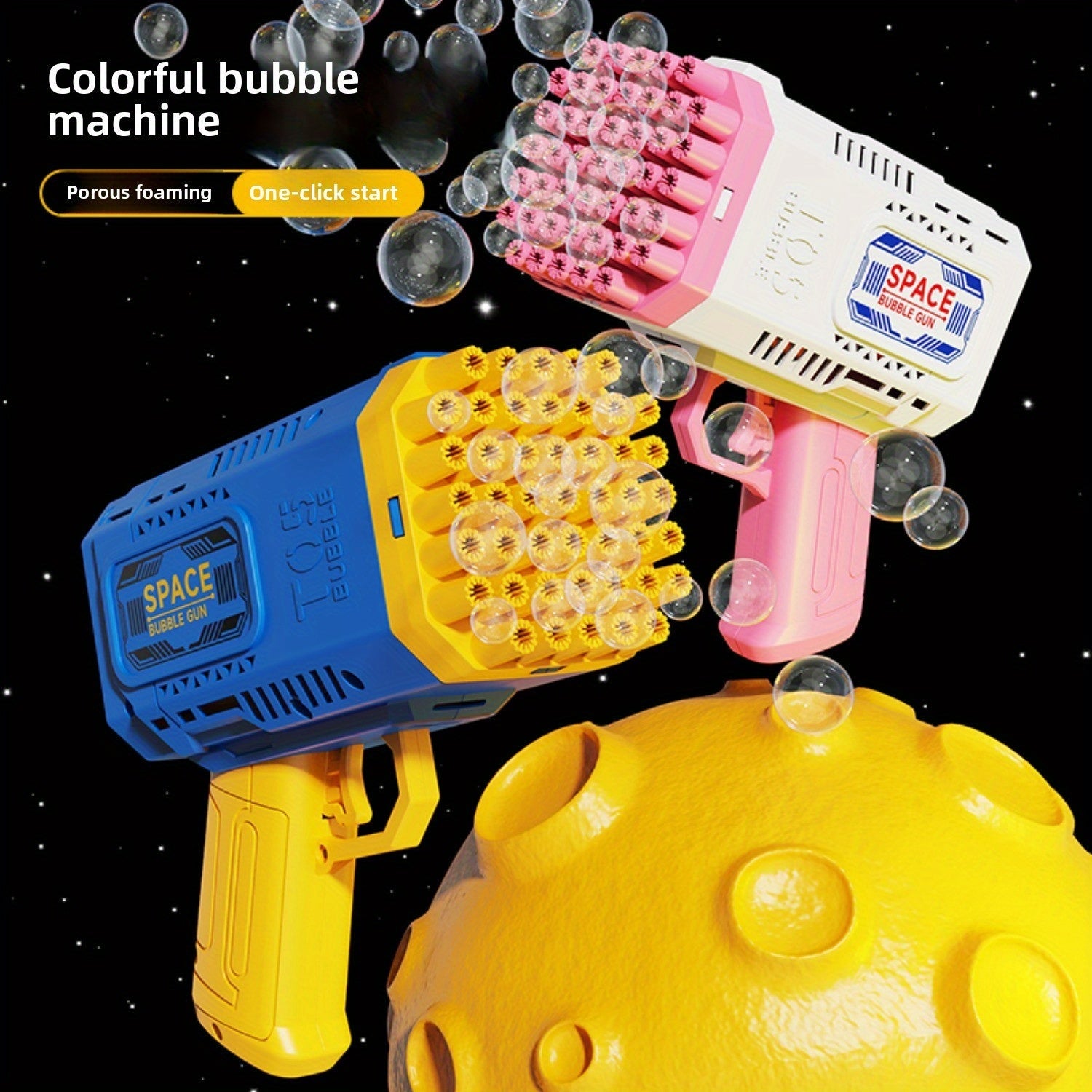 Portable automatic bubble gun with 45 holes, handheld bubble machine emitting colorful bubbles for outdoor fun.