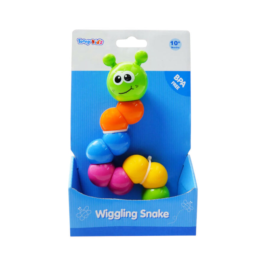 Tanny Kids Wiggling Snake Rattle toy, colorful plastic snake with a rattling sound, designed for children's play and sensory fun.