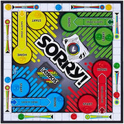 Hasbro Sorry! Rivals Edition board game with colorful game pieces and cards for two players on a wooden surface.