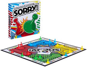 Hasbro Sorry! Rivals Edition board game with colorful game pieces and cards for two players on a wooden surface.