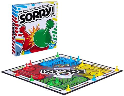 Hasbro Sorry! Rivals Edition board game with colorful game pieces and cards for two players on a wooden surface.