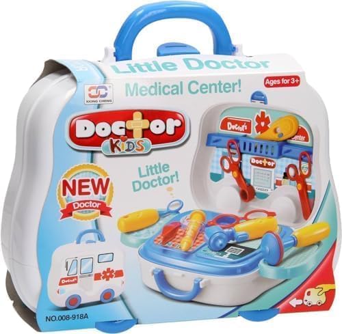 Children's toy doctor kit with medical accessories including stethoscope, syringe, and bandages, in a colorful plastic suitcase.