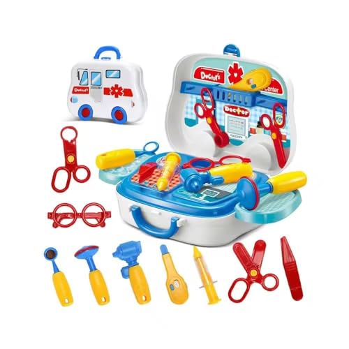 Toy doctor kit set with medical accessories, including pretend stethoscope, syringe, and medical tools for children.
