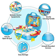 Children's toy doctor kit with medical accessories including stethoscope, syringe, and bandages in a colorful suitcase.