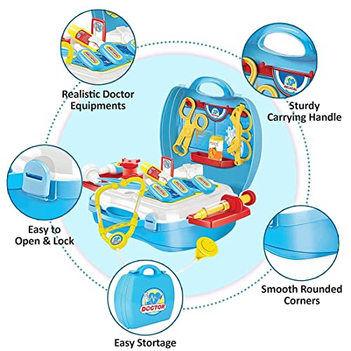 Children's toy doctor kit with medical accessories including stethoscope, syringe, and bandages, in a colorful plastic suitcase.