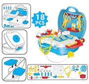Children's toy doctor kit with medical accessories including stethoscope, syringe, and bandages in a colorful suitcase.