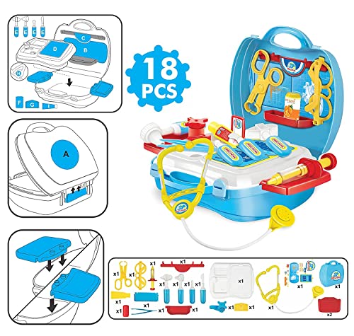 Children's toy doctor kit with medical accessories including stethoscope, syringe, and bandages in a colorful suitcase.