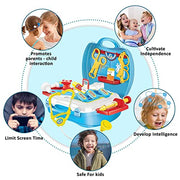 Children's toy doctor kit with medical accessories including stethoscope, syringe, and bandages in a colorful suitcase.